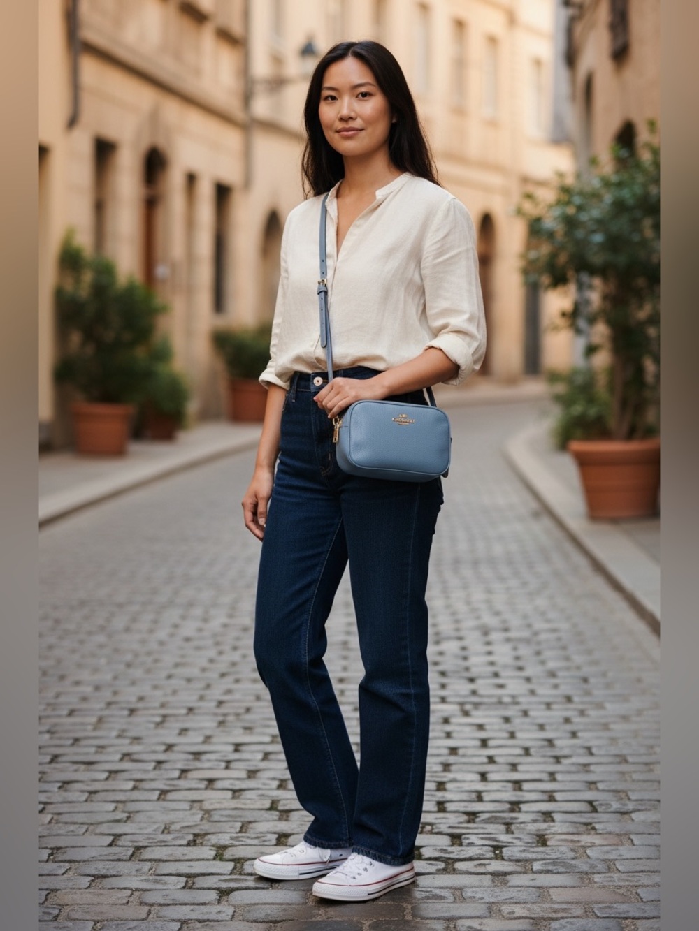 Coach Jamie Light Blue Pebbled Leather Crossbody Camera Bag